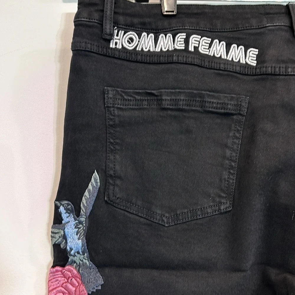 Homme + Femme embroidered humming bird black denim shorts 40 men’s streetwear